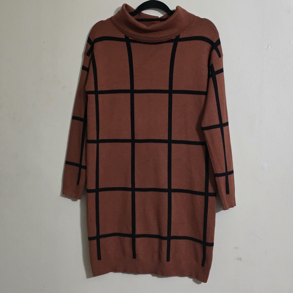 Cozy Casual Brown Cowl Neck Sweater Dress with Black Grid Pattern